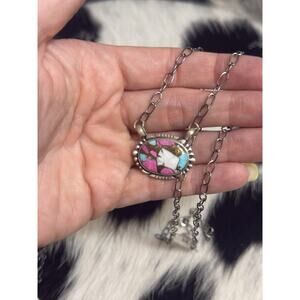 Native American SW Sterling Silver Cotton Candy Turquoise Oval Bar Necklace